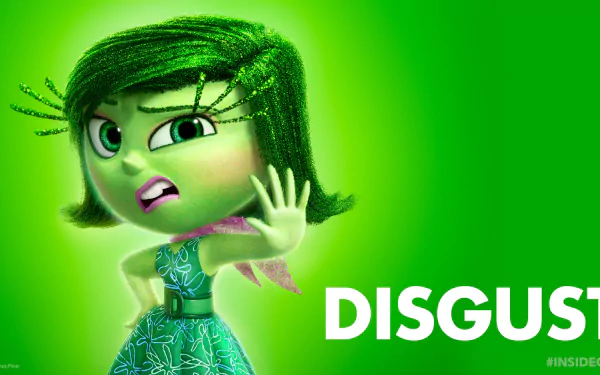 HD PC desktop wallpaper featuring Disgust from the movie Inside Out, with a vibrant green background and Disgust striking a sassy pose.