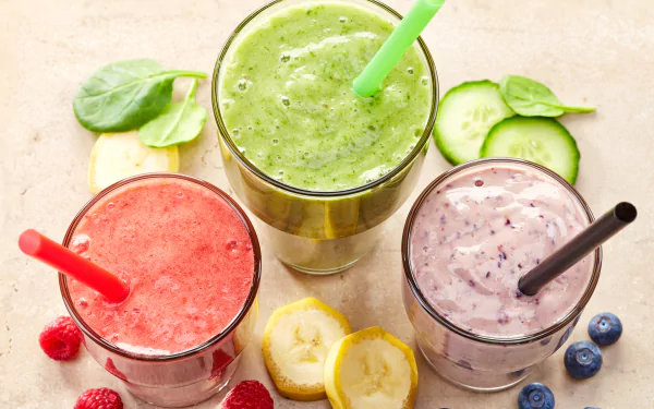 A vibrant 4K Ultra HD wallpaper featuring three delicious smoothies in glasses, showcasing flavors of banana, berry, and fresh greens, surrounded by colorful fruit and leaves.