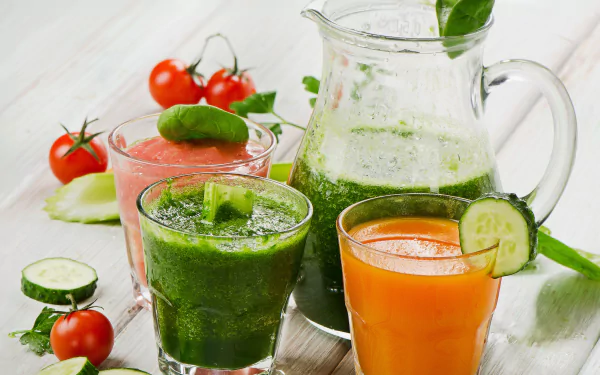 4K Ultra HD wallpaper featuring fresh cucumber, tomato, and green vegetable juices served in glasses and a pitcher, showcasing vibrant, healthy smoothie options.