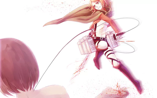 HD PC desktop wallpaper of Petra Ral (Attack on Titan) — anime-style action shot: Petra midair with ODM gear, streaks of blood and a pale white background.