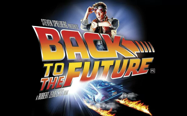 HD wallpaper featuring the iconic logo and imagery from the movie Back to the Future, showcasing the time-traveling DeLorean and nostalgic elements.
