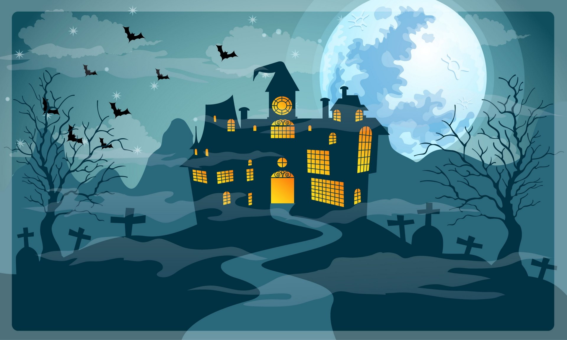 HD PC desktop wallpaper of a haunted house under a full moon, surrounded by bats, bare trees, and gravestones, capturing a spooky Halloween holiday scene.
