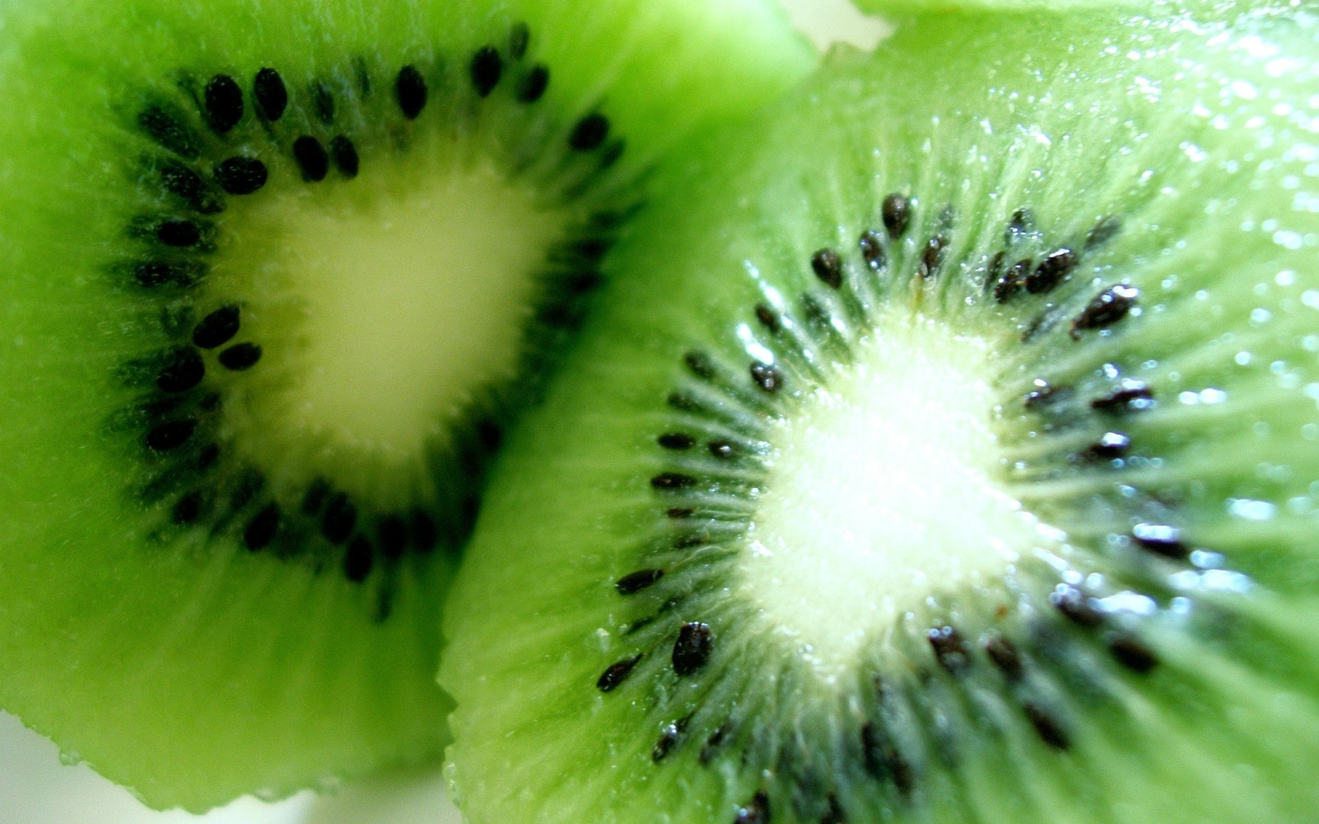 Close-up HD desktop wallpaper of fresh, juicy kiwi slices showcasing vibrant green flesh and black seeds in sharp detail.
