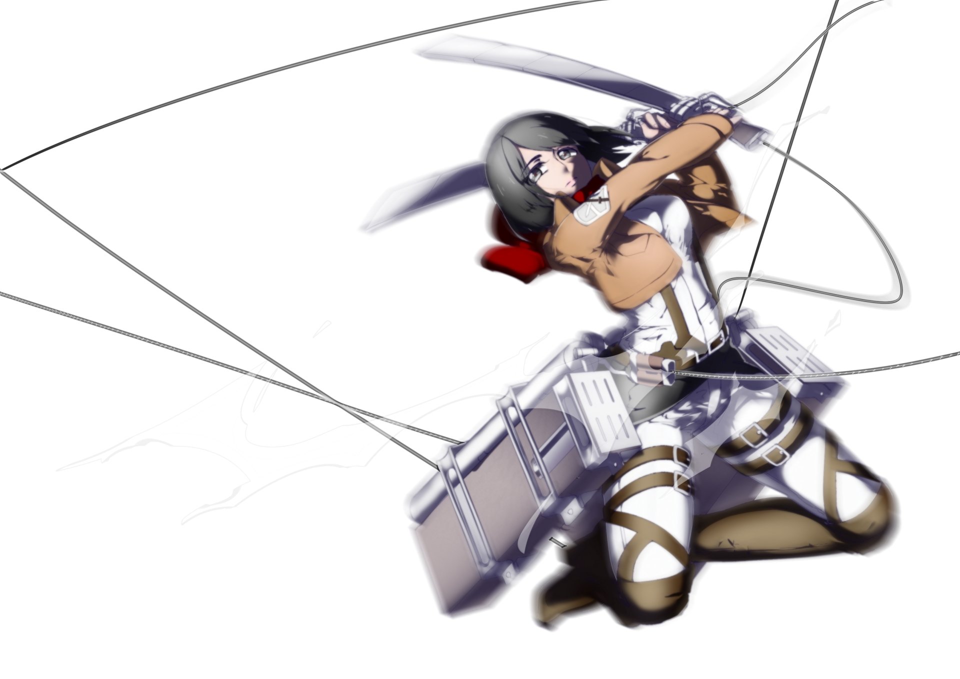 HD anime desktop wallpaper featuring Mikasa Ackerman from Attack on Titan, depicted in dynamic action with her dual blades and maneuver gear.