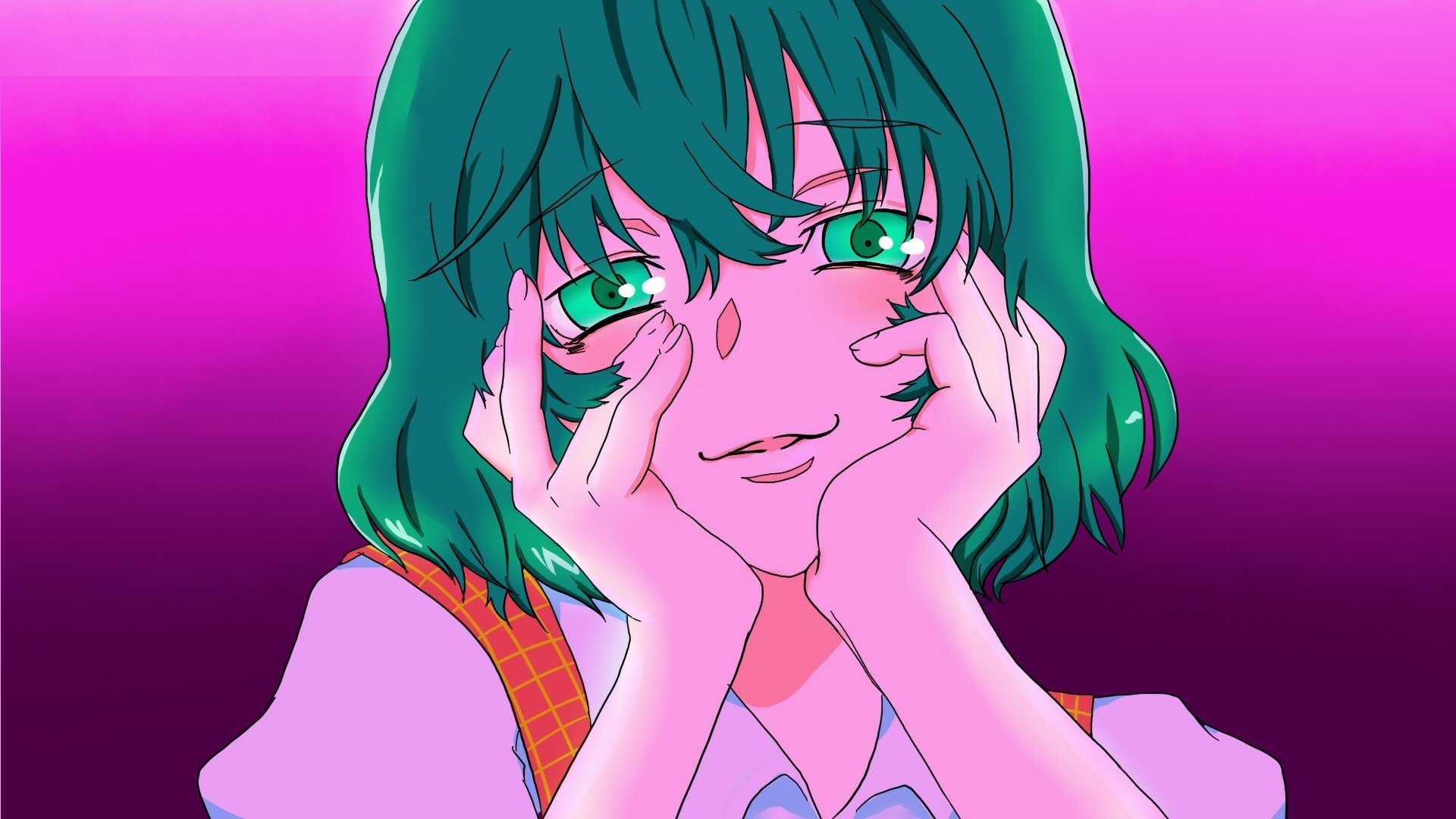 HD PC desktop wallpaper featuring Yuuka Kazami from the Touhou anime series, showcasing vibrant colors and detailed character art with a purple-pink gradient background.