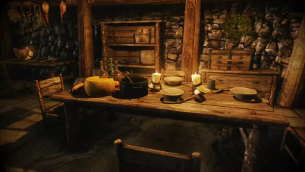 HD PC desktop wallpaper from the video game The Elder Scrolls V: Skyrim, depicting a rustic wooden table set with food, candles, and dishes inside a stone-walled interior.