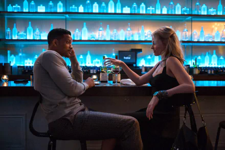 HD desktop wallpaper featuring Margot Robbie and Will Smith sharing drinks and intense focus at a stylish bar setting from the movie Focus.