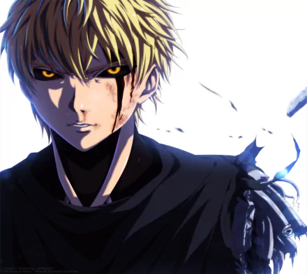 HD anime desktop wallpaper featuring Genos from One-Punch Man with intense eyes and battle damage, blending vibrant colors and dynamic lighting.