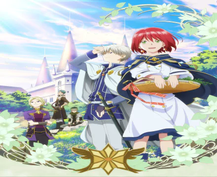 A vibrant 4K Ultra HD wallpaper featuring characters Obi, Kiki, Mitsuhide, Zen, and Shirayuki from Snow White With The Red Hair, set against a beautiful background.