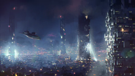 Futuristic cityscape at night inspired by Deus Ex: Mankind Divided, featuring towering structures and a hovering vehicle, set against a vibrant urban glow. High-definition desktop wallpaper.