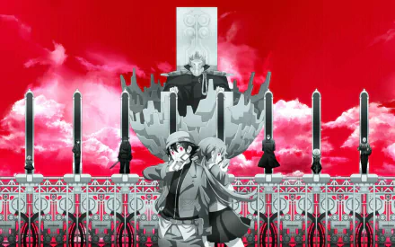 High-definition wallpaper featuring Yuno Gasai and Yukiteru Amano from the anime Mirai Nikki, set against a dramatic red background with intricate designs and shadowy figures.