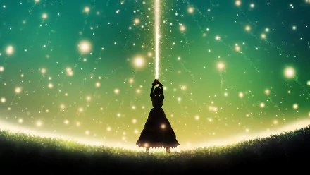 A dynamic HD wallpaper featuring Saber from the Fate Series, standing against a magical backdrop of vibrant colors and sparkling stars in Fate/Zero.