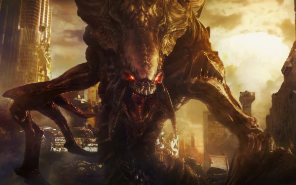 HD PC desktop wallpaper featuring a menacing Zerg creature from Starcraft II, set against a fiery, apocalyptic backdrop from the popular video game.
