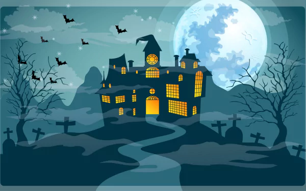 HD PC desktop wallpaper of a haunted house under a full moon, surrounded by bats, bare trees, and gravestones, capturing a spooky Halloween holiday scene.