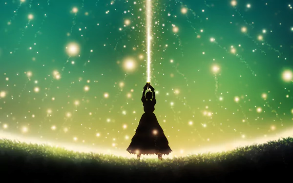 A dynamic HD wallpaper featuring Saber from the Fate Series, standing against a magical backdrop of vibrant colors and sparkling stars in Fate/Zero.