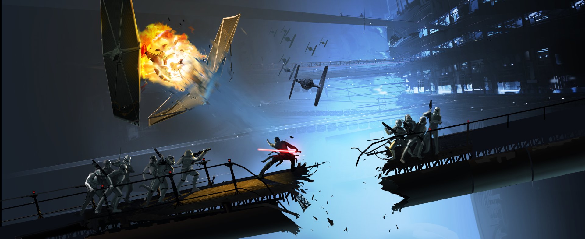 4K Ultra HD PC desktop wallpaper featuring an intense Star Wars: The Force Unleashed battle with a lightsaber-wielding figure, stormtroopers, and TIE fighters in a futuristic setting.