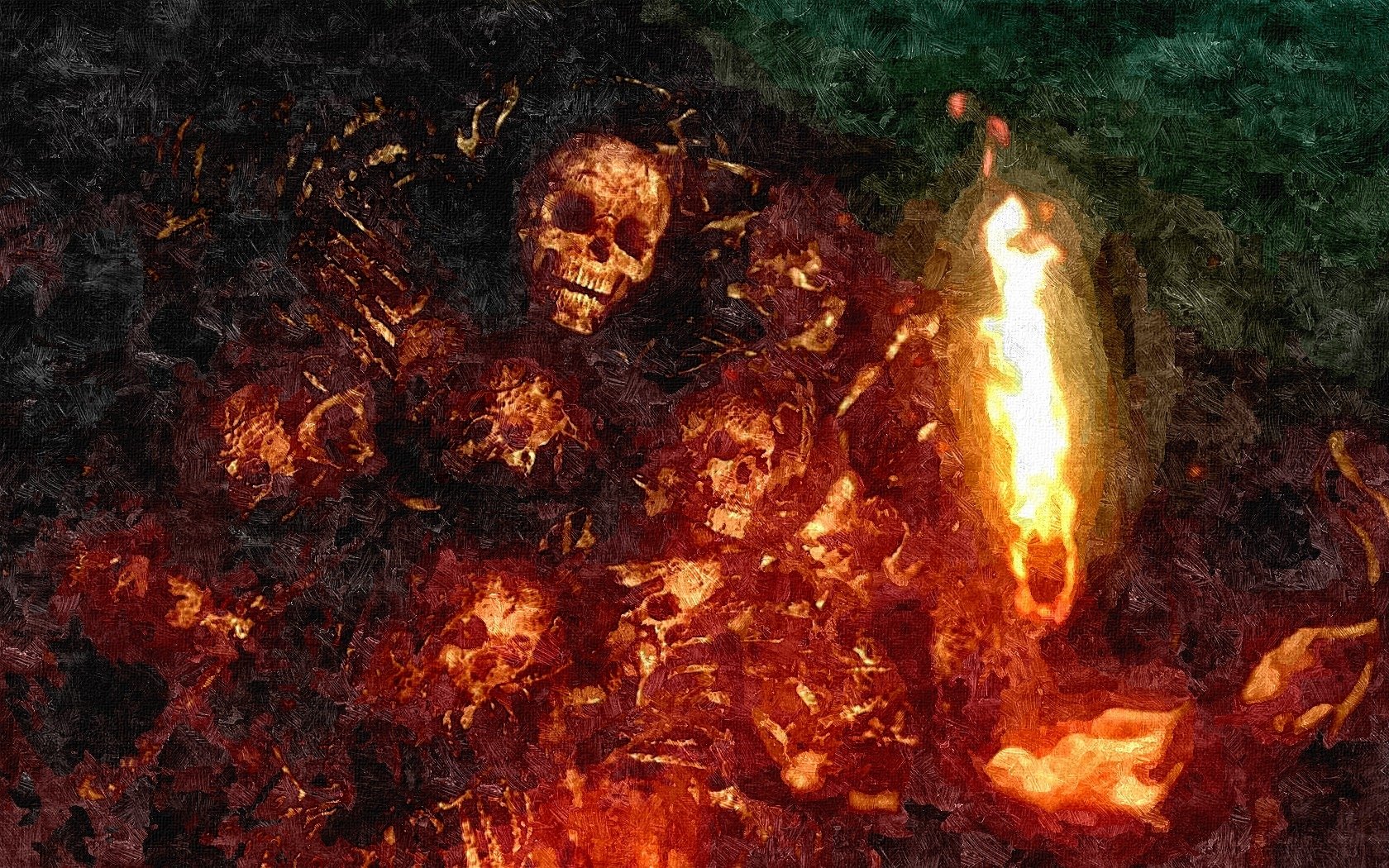 HD PC desktop wallpaper of a fiery skeletal warrior from the video game Dark Souls, engulfed in flames against a dark, ominous background.