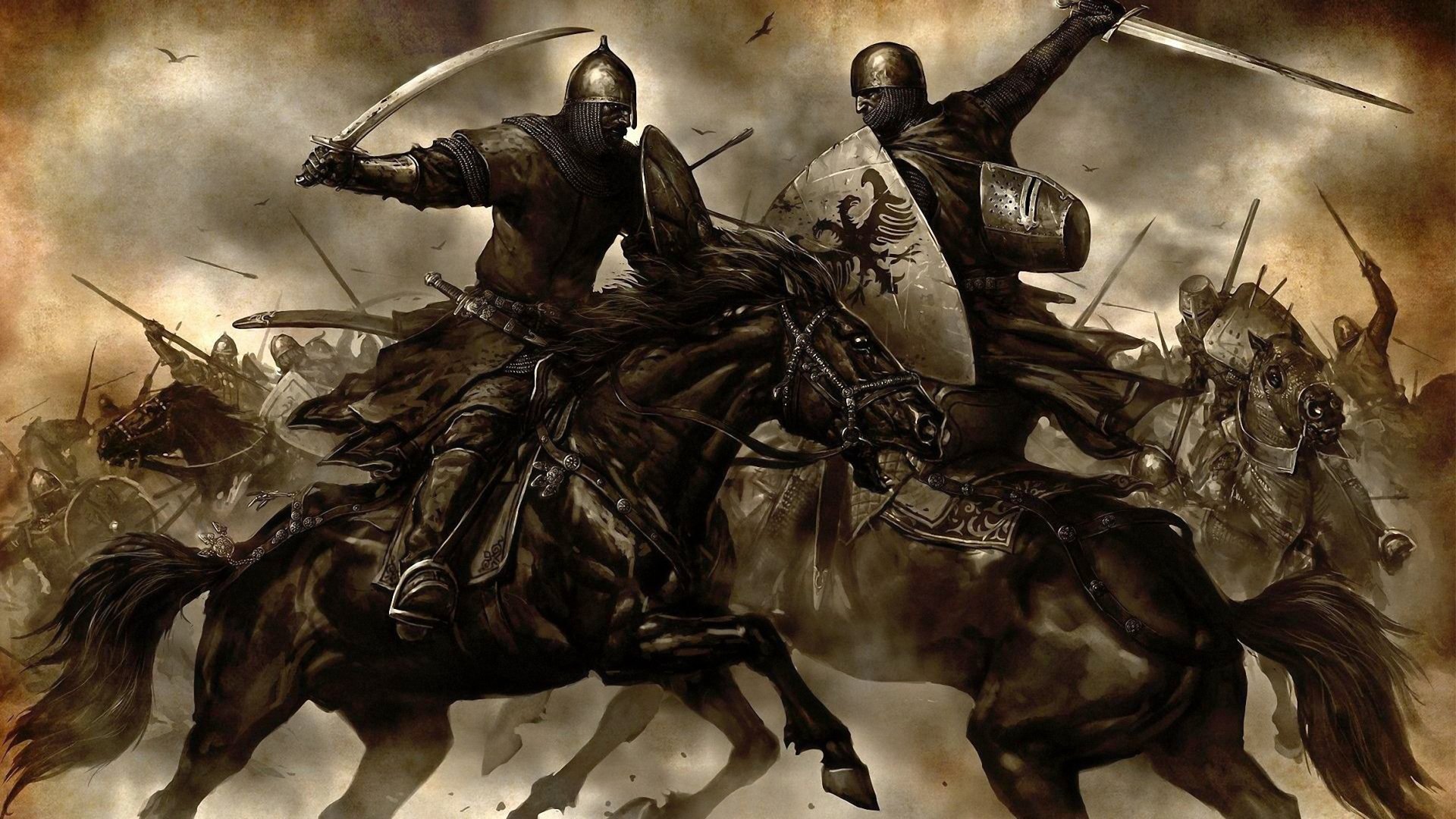 A dramatic scene from the video game Mount & Blade, featuring armored warriors on horseback engaging in battle, swords drawn amidst a chaotic military landscape.