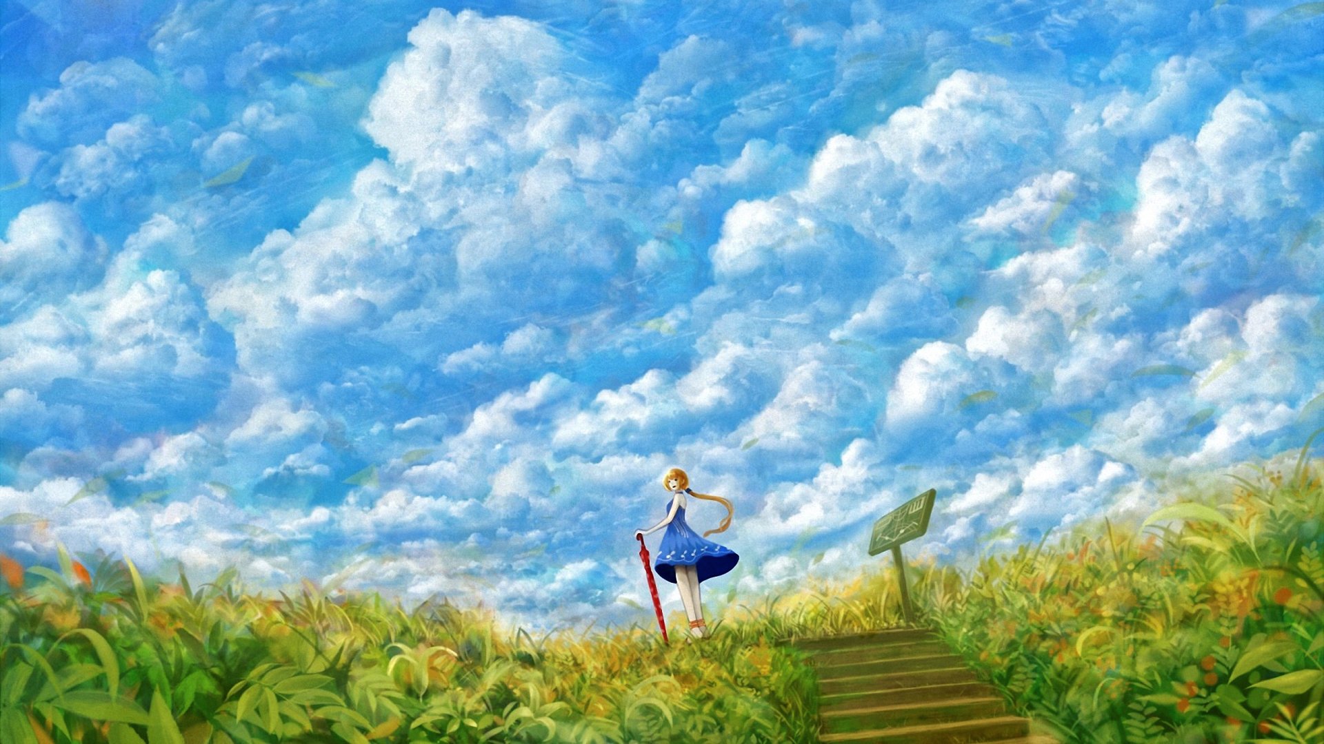 A fantasy anime landscape featuring a girl with an umbrella, standing on a grassy path beneath a vibrant sky filled with fluffy clouds. An enchanting scene for an HD desktop wallpaper.
