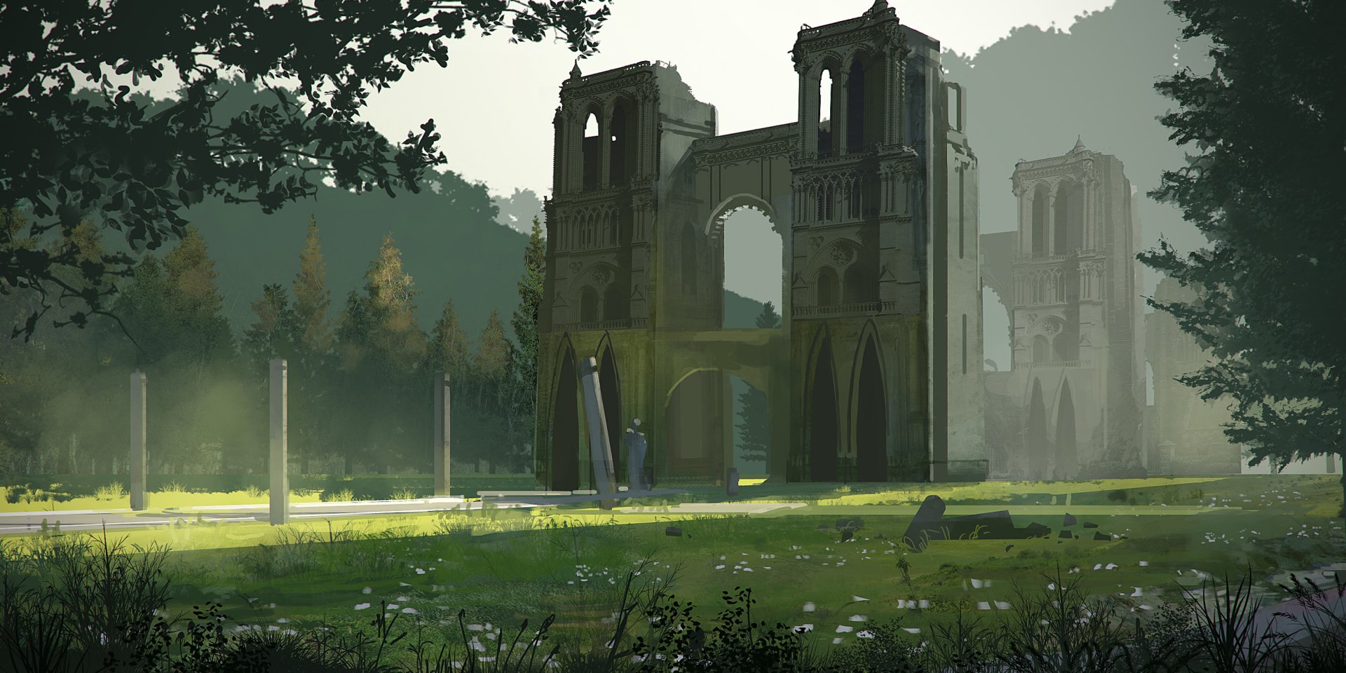 An atmospheric HD desktop wallpaper from NieR: Automata featuring a serene landscape with ancient ruins surrounded by lush greenery and soft light filtering through the trees.