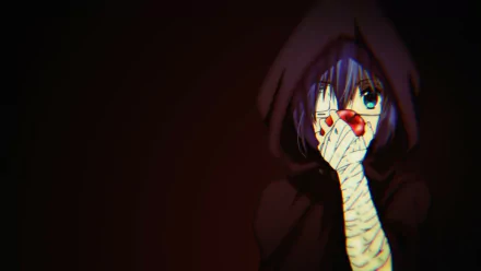 A dark, atmospheric HD wallpaper featuring Rikka Takanashi from Love, Chunibyo & Other Delusions, showcasing her mysterious aura with a hooded cloak and expressive eyes.
