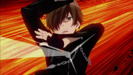 Yūta Togashi from Love Chunibyo & Other Delusions strikes a dynamic pose with chains against an intense red and orange background in this HD anime desktop wallpaper.