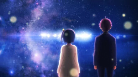 A captivating HD wallpaper featuring Yūta Togashi and Rikka Takanashi from Love, Chunibyo & Other Delusions, gazing at a starry, mystical backdrop filled with cosmic colors.