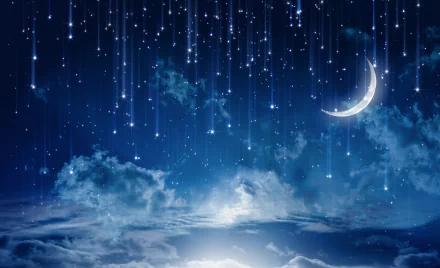 Artistic 4K Ultra HD wallpaper featuring a serene night sky with a crescent moon and stars cascading like raindrops, blending clouds and a tranquil atmosphere.