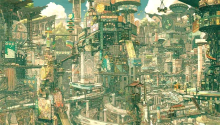 HD desktop wallpaper depicting a bustling, intricate anime cityscape with towering buildings, vibrant signs, and winding pathways.