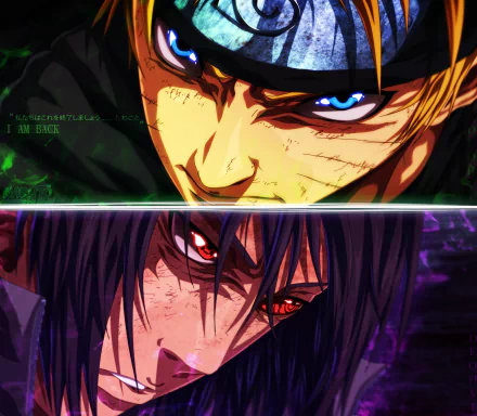 HD desktop wallpaper featuring intense close-ups of Naruto Uzumaki with Rinnegan and Sasuke Uchiha with Sharingan, from the anime Naruto.