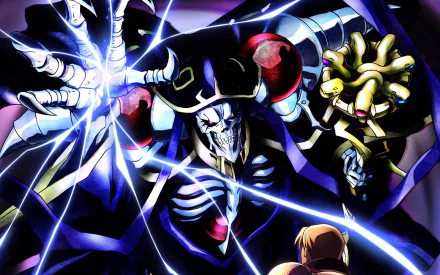 HD desktop wallpaper featuring Ainz Ooal Gown from the anime Overlord, depicted in a dramatic scene with electric energy surrounding him and another character in the foreground.