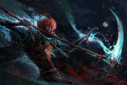 A fierce fantasy warrior with a pumpkin head wielding a glowing weapon, set against a dark, mystical background, embodies the spirit of Halloween and adventure.