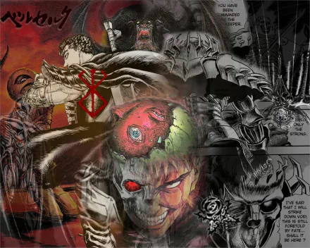 HD Berserk anime desktop wallpaper: collage of Femto, Skull Knight, the God Hand and Beherit imagery surrounding Guts amid skulls, blood-red hues and shadowed demonic motifs.