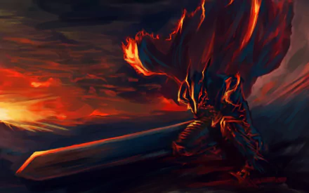 A dramatic anime scene from Berserk, featuring a warrior shrouded in flames and wielding a massive sword against a fiery sunset backdrop, perfect for an HD PC desktop wallpaper.