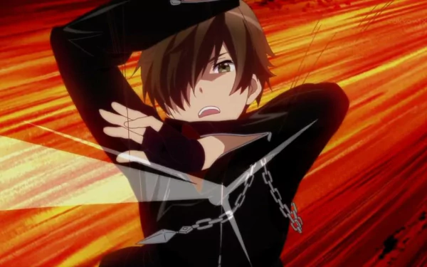 Yūta Togashi from Love Chunibyo & Other Delusions strikes a dynamic pose with chains against an intense red and orange background in this HD anime desktop wallpaper.