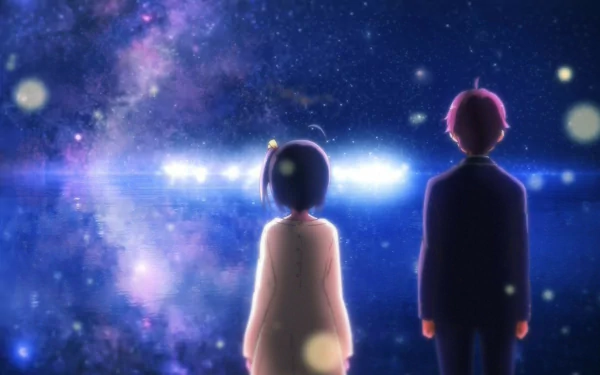 A captivating HD wallpaper featuring Yūta Togashi and Rikka Takanashi from Love, Chunibyo & Other Delusions, gazing at a starry, mystical backdrop filled with cosmic colors.
