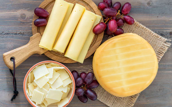 A 4K Ultra HD wallpaper featuring a round cheese wheel, rolled cheese slices on a wooden board, cheese shavings in a bowl, and clusters of red grapes on a rustic wooden surface.