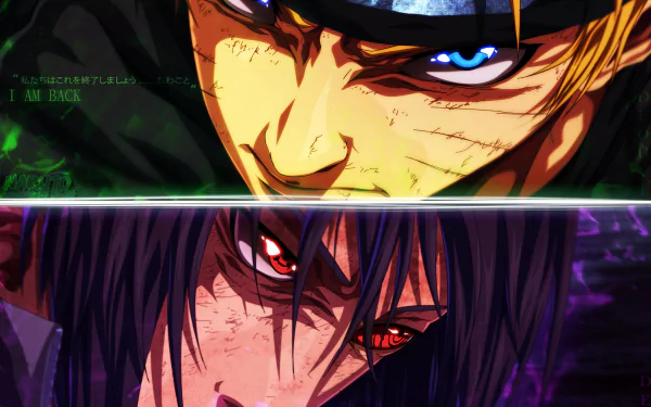 HD desktop wallpaper featuring intense close-ups of Naruto Uzumaki with Rinnegan and Sasuke Uchiha with Sharingan, from the anime Naruto.