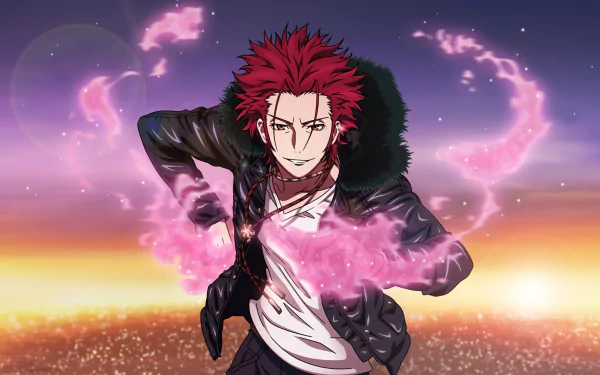 HD PC desktop wallpaper featuring Mikoto Suoh from the anime K Project, surrounded by glowing pink flames against a twilight sky background.