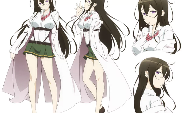 HD PC desktop wallpaper featuring Ikaruga Suginami from the anime AntiMagic Academy 35th Test Platoon in multiple poses with her signature long dark hair and lab coat.