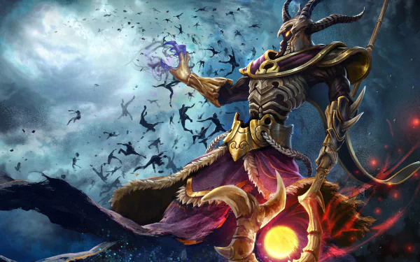 High-definition wallpaper featuring Hades from the video game Smite, depicted as a powerful creature amid a dramatic scene with dark figures and swirling energy.