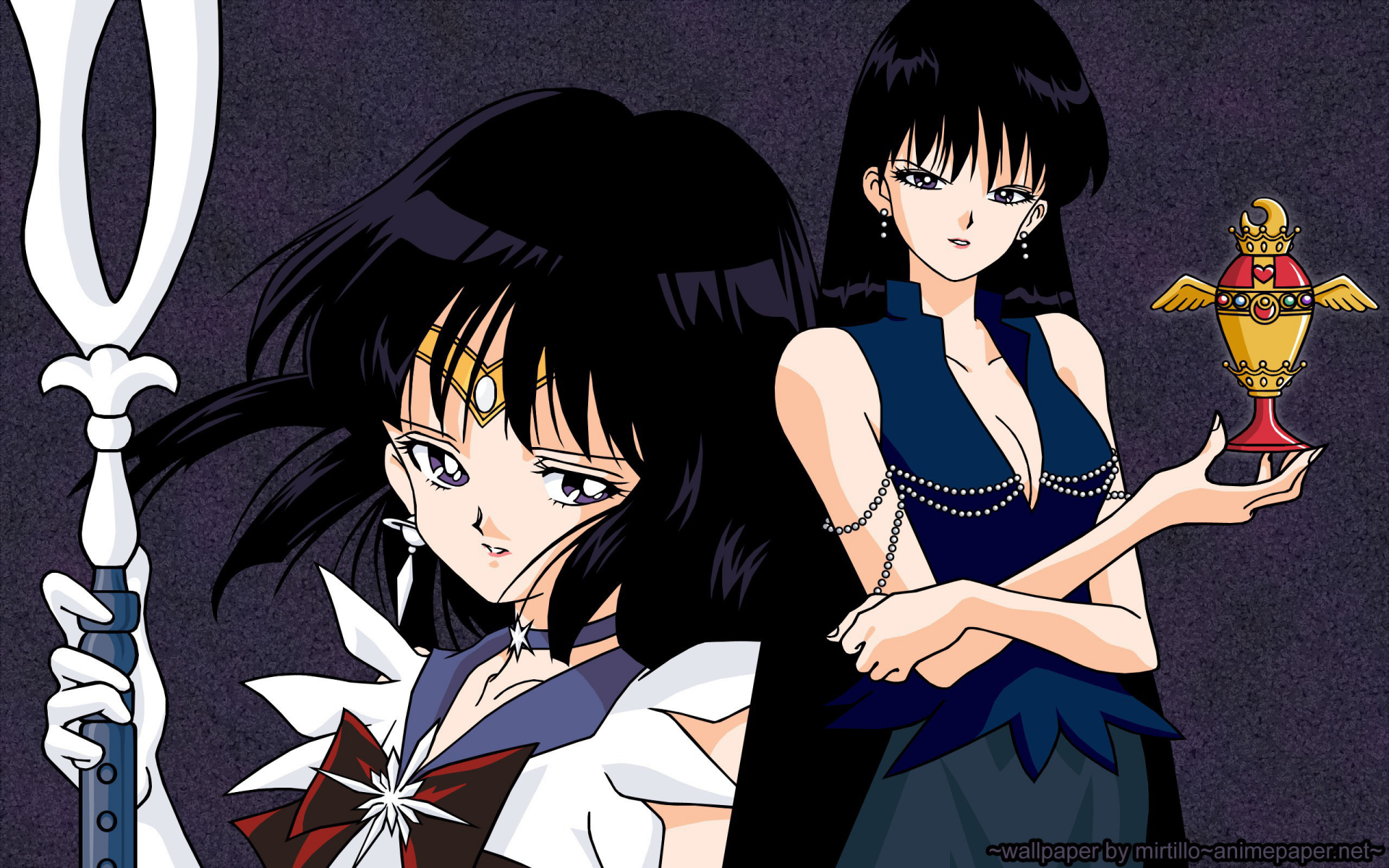 HD PC desktop wallpaper featuring anime character Sailor Saturn from Sailor Moon holding her glaive and the Silence Glaive doll.