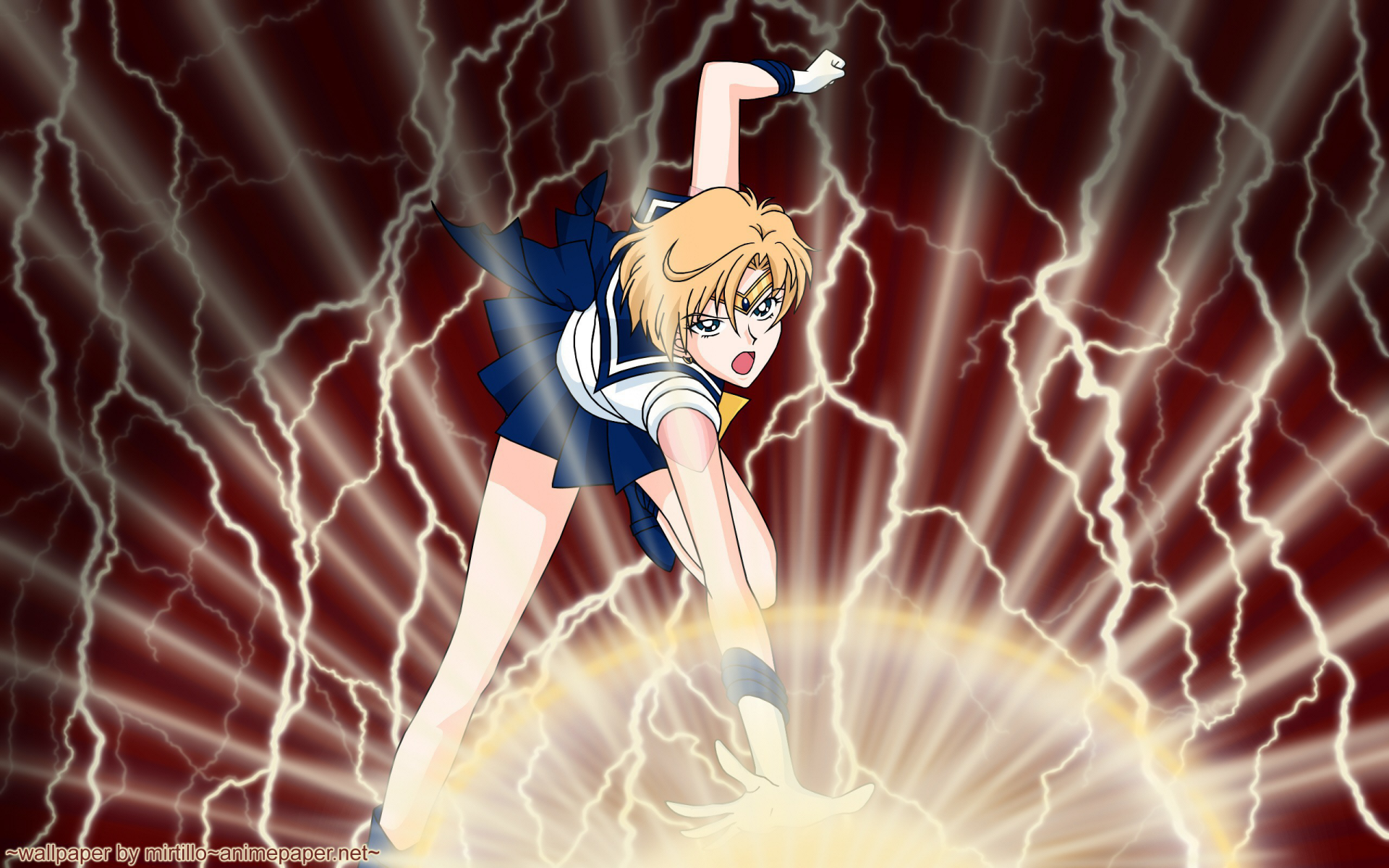 Anime-style Sailor Moon character in a dynamic pose with glowing energy and lightning effects, designed as an HD PC desktop wallpaper and background.