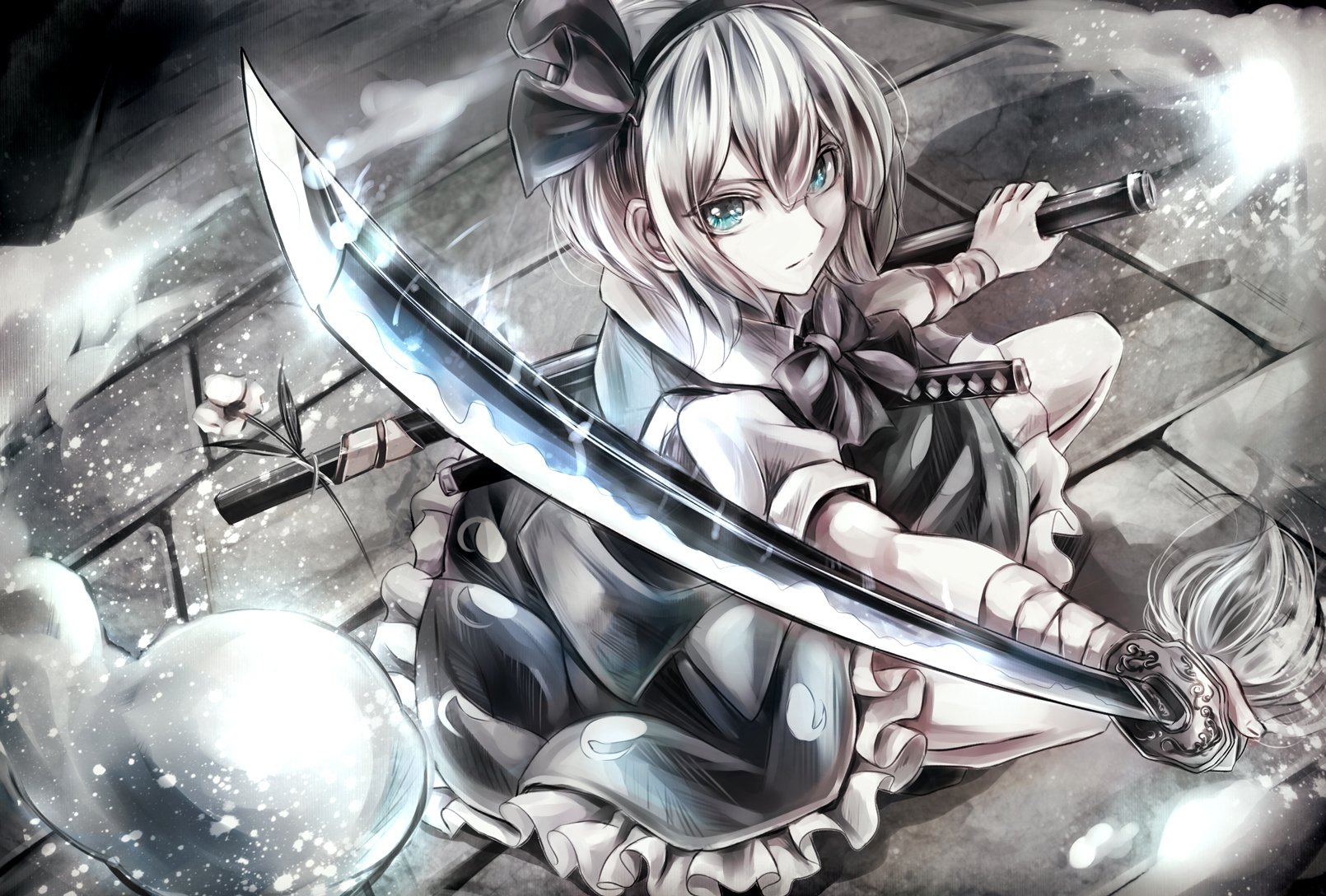 HD PC desktop wallpaper featuring Youmu Konpaku from Touhou, wielding her sword with a determined expression in a dynamic anime-style scene.