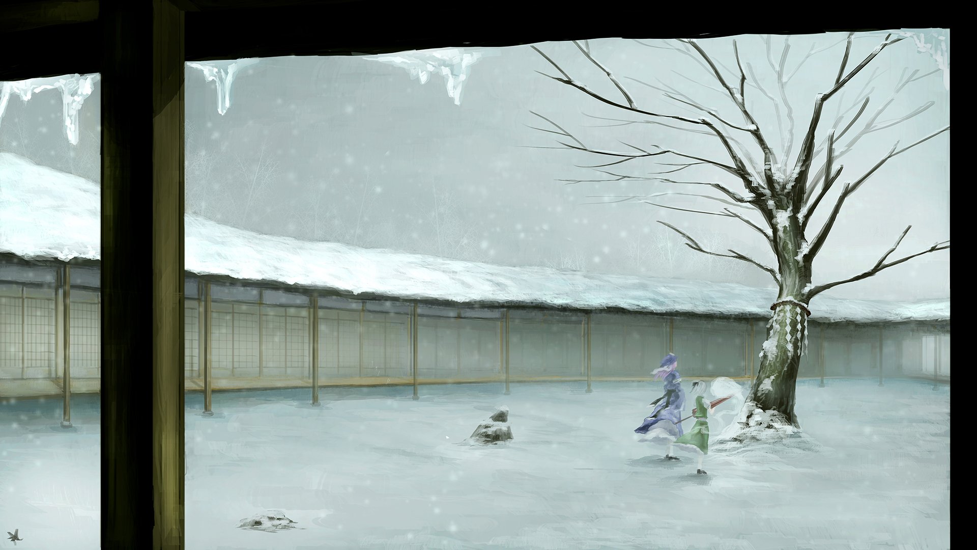 HD PC desktop wallpaper featuring Yuyuko Saigyouji and Youmu Konpaku from the Touhou anime series, set in a serene snowy courtyard scene.