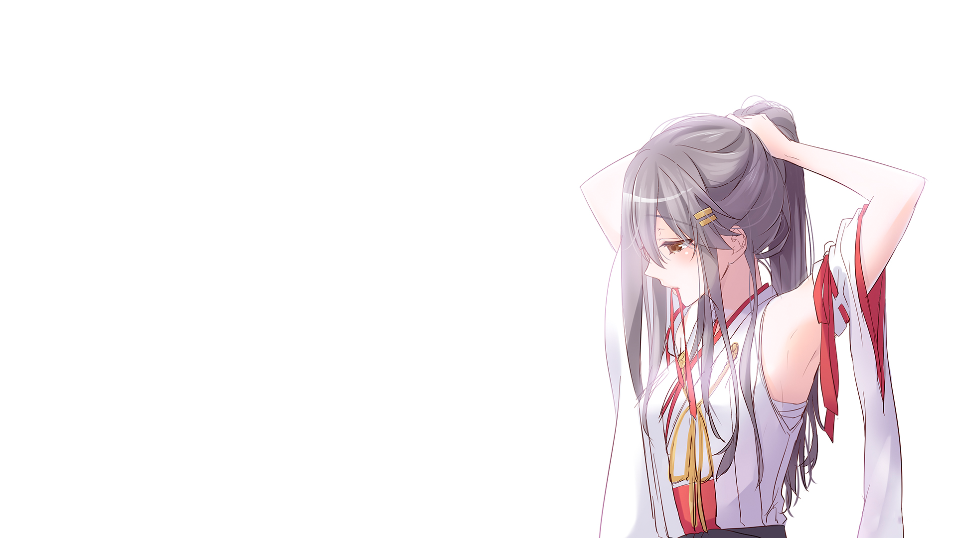 Anime-inspired HD wallpaper featuring a character from Kantai Collection, with a serene expression as she pulls her hair back against a minimalistic background.