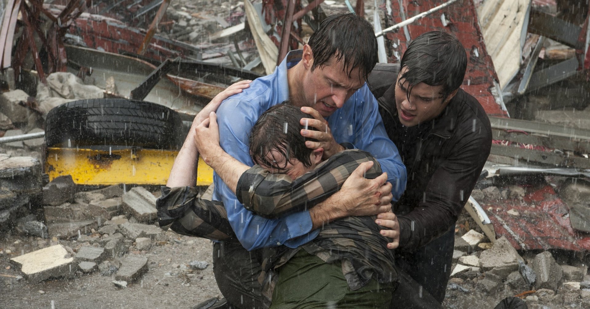 HD PC desktop wallpaper featuring a powerful scene of destruction from the movie Into the Storm, showing cast members caught in a chaotic, storm-ravaged setting.