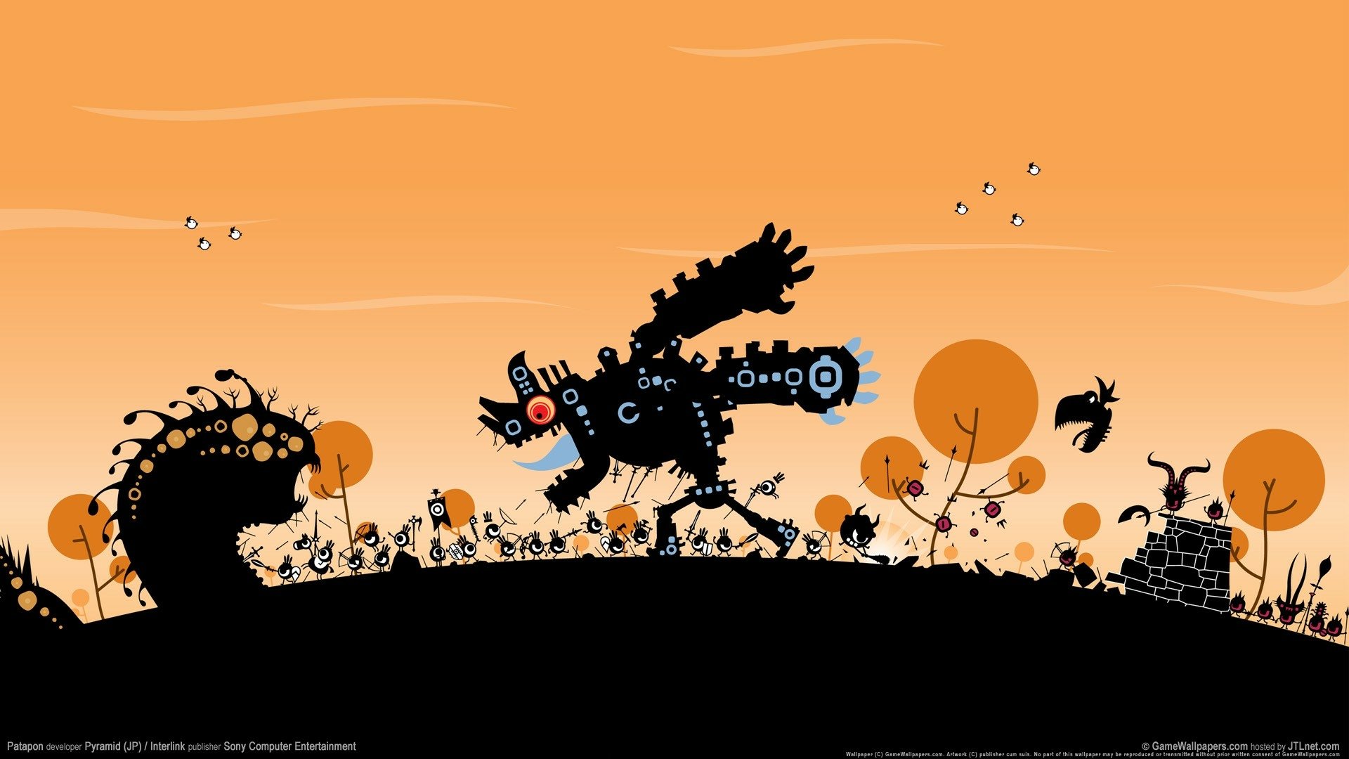 HD PC desktop wallpaper featuring silhouetted characters and creatures from the video game Patapon against an orange sunset background.