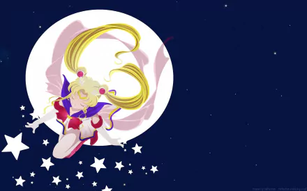 A vibrant HD desktop wallpaper featuring a stylized anime character from Sailor Moon, gracefully soaring against a starry night sky and a luminous full moon.