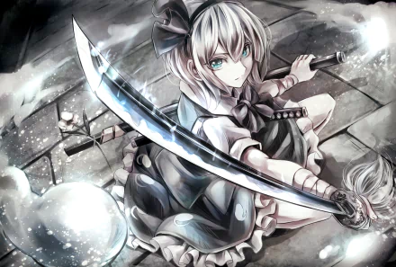 HD PC desktop wallpaper featuring Youmu Konpaku from Touhou, wielding her sword with a determined expression in a dynamic anime-style scene.